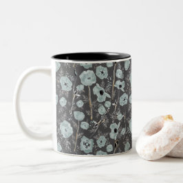 Caneca De Café Em Dois Tons Poppies Cinza Azul Flores de Aquarelas Pretas