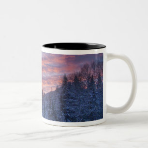 Caneca De Café Em Dois Tons Pôr do sol vívido pinta o céu acima de invernoso