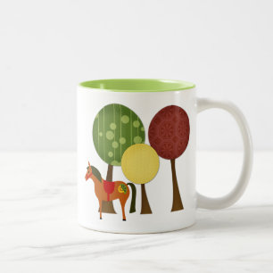 Caneca De Café Em Dois Tons Pôs Retro Coloridos Bonitos e Cavalos de Árvores