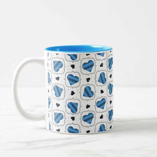 Caneca De Café Em Dois Tons Posh Argyle Dark Blue Hearts (Esquerda)