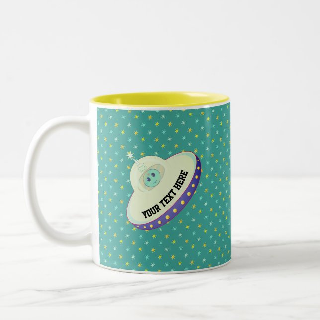 Caneca De Café Em Dois Tons Prato voador moderno & estrelas em azul-turquesa (Esquerda)