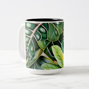 Caneca De Café Em Dois Tons Presente de Aquecimento com Folhas Tropicais Verde