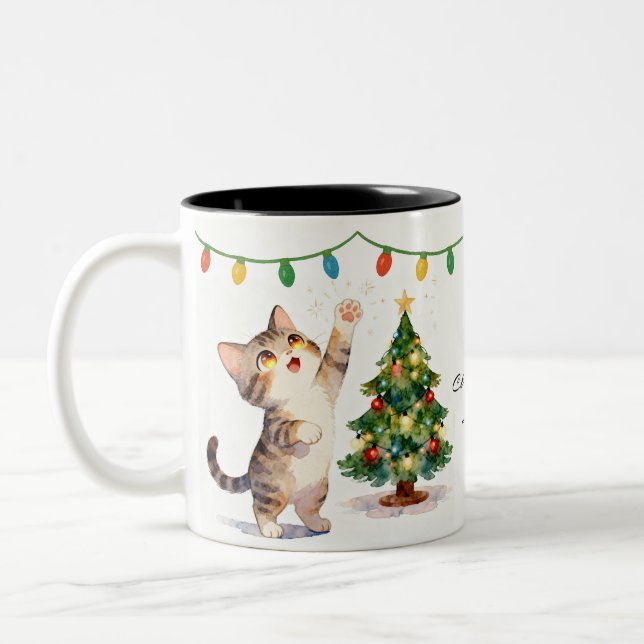 Caneca De Café Em Dois Tons Presente de Gatinho de Natal com Olhos Brilhantes  (Esquerda)
