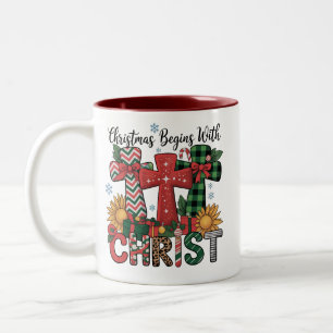 Caneca De Café Em Dois Tons Presente de Natal Feliz Xmas Xadrez Cruz Religiosa