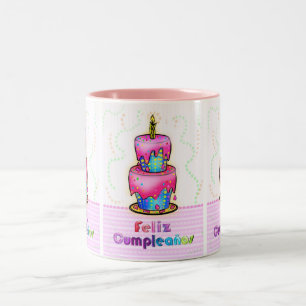Caneca De Café Em Dois Tons Presente espanhol do bolo de aniversário do