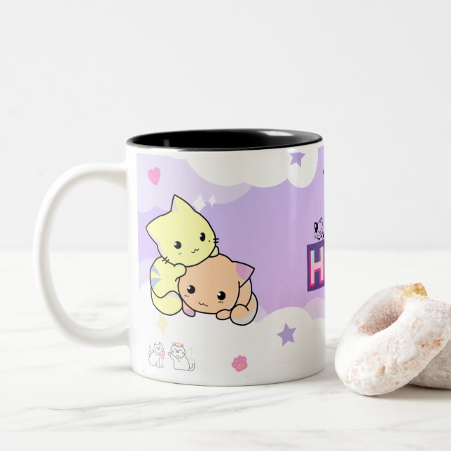 Caneca De Café Em Dois Tons Presente Felino Pastel Kawaii | Presente de Gata F (Com Donut)