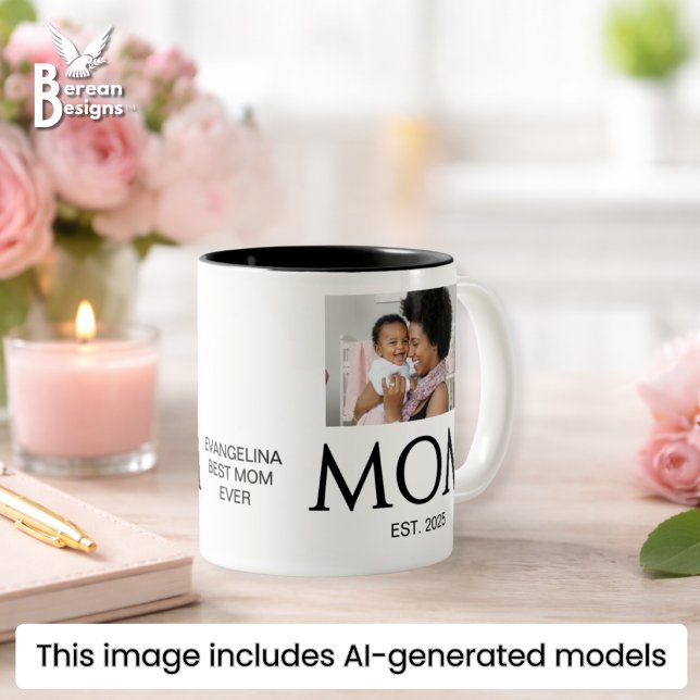 Caneca De Café Em Dois Tons Presente para Nova Mãe Texto Personalizado Foto Mã (MOM ESTABLISHED Photo Mug with customizable photos, year & custom note Ideal gift for Mother's Day. )