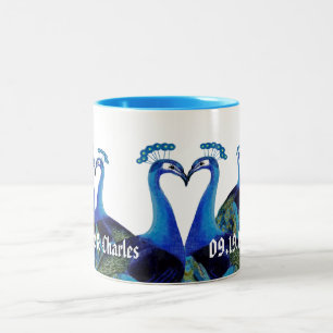 Caneca De Café Em Dois Tons Presentes de Casamento Pavões Vintage Beijando