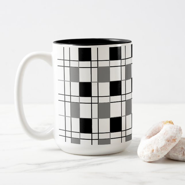 Caneca De Café Em Dois Tons Preto Branco Cinza Xadrez  (Com Donut)