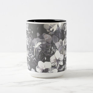 Caneca De Café Em Dois Tons Preto, branco, cinzento, floral da grão da