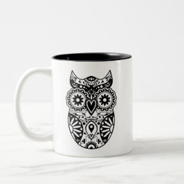 Caneca De Café Em Dois Tons Preto & branco da coruja do crânio do açúcar