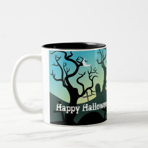 Caneca De Café Em Dois Tons Preto cemitério, aqua, amarelo Halloween personali
