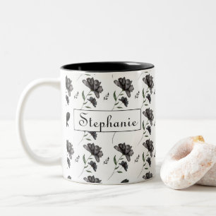 Caneca De Café Em Dois Tons Preto-Cinto-Cinto-Branco Floral Personalizado