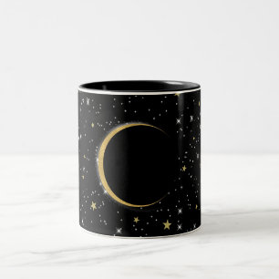 Caneca De Café Em Dois Tons Preto & Dourado Luar Celestial Magia Estrelas Luna