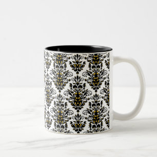 Caneca De Café Em Dois Tons Preto e branco elegante com um toque de damasco de