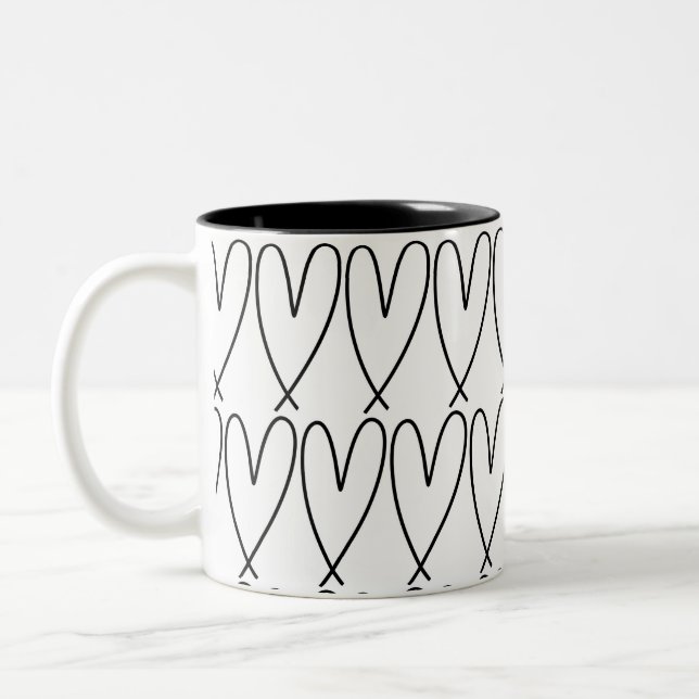 Caneca De Café Em Dois Tons Preto e Branco Fantasioso Corações Lindos (Esquerda)