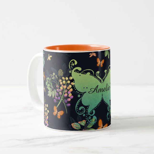 Caneca De Café Em Dois Tons Pretty Personalised Dark Floral Butterfly Pattern (Frente Esquerda)