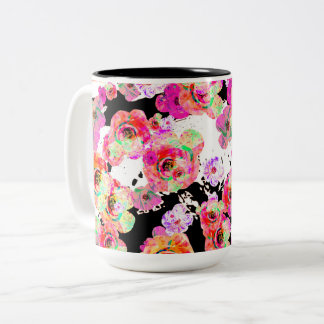 Caneca De Café Em Dois Tons Primavera cor-de-rosa e coral floreado a preto e b