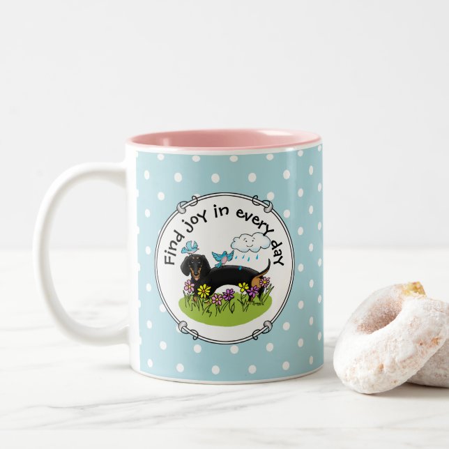 Caneca De Café Em Dois Tons Primavera Dachshund (preto e bronzeado) (Com Donut)