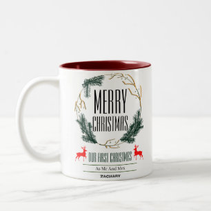 Caneca De Café Em Dois Tons Primeira família de dias feriados de Wreath de Nat