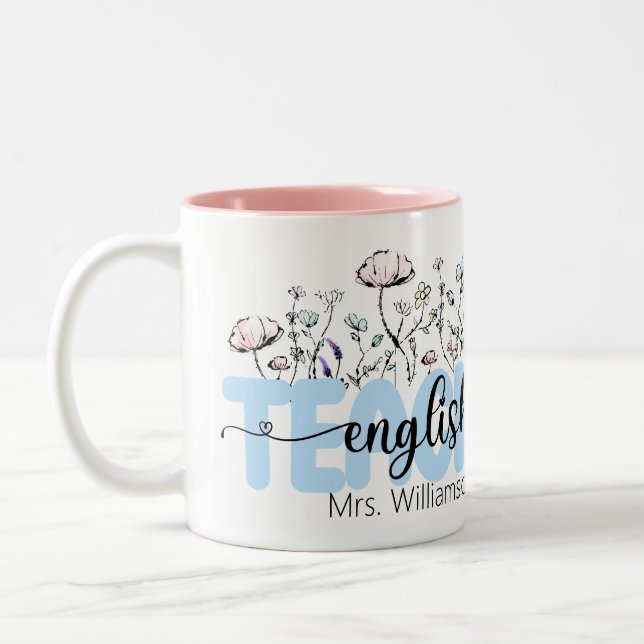 Caneca De Café Em Dois Tons Professor Personalizado de Inglês Whimsical Wildfl (Esquerda)