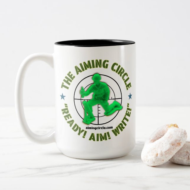 Caneca De Café Em Dois Tons "Pronto! Mire! Escreva! (Com Donut)