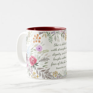 Caneca De Café Em Dois Tons Proverbs 31:25 Bíblia Verse Watercolor floral