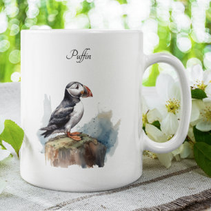 Caneca De Café Em Dois Tons Puffin numa Rocha Aquarela, personalizado