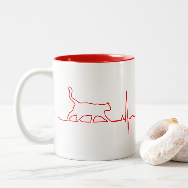 Caneca De Café Em Dois Tons Pulsação de Gato Vermelho (Com Donut)