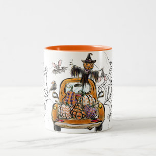 Caneca De Café Em Dois Tons Pumpkin Patch Truck com pássaro espantalho de morc