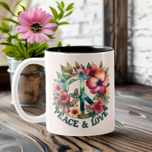 Caneca De Café Em Dois Tons Puppy e Floral 70s - Sinal de Paz Retroativa "Paz