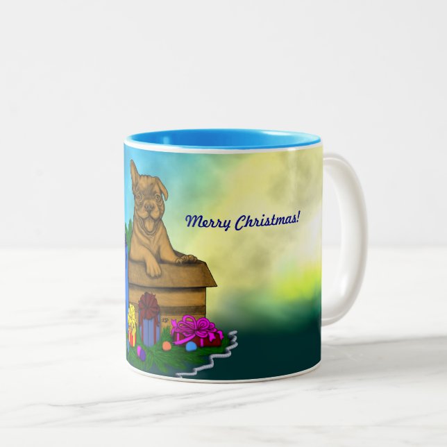 Caneca De Café Em Dois Tons Puppy em uma caixa, Merry Xmas (Frente Esquerda)