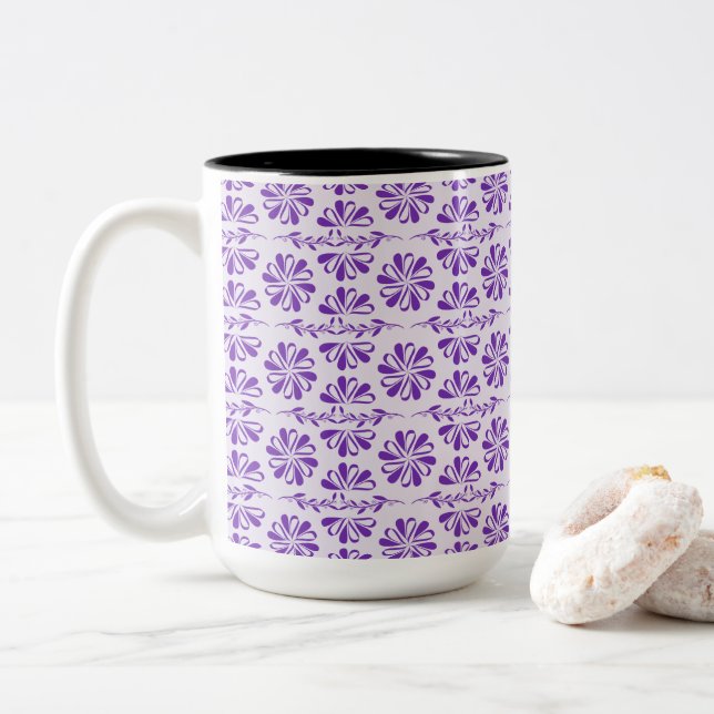 Caneca De Café Em Dois Tons Purple Deluxe Modern Floral (Com Donut)