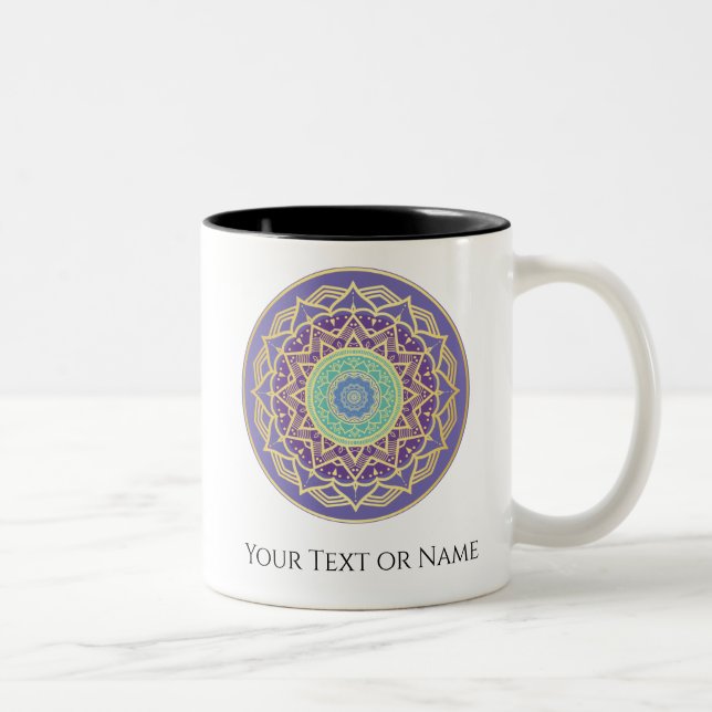 Caneca De Café Em Dois Tons Púrpura Turquesa Dourada Mandala Metafísica (Direita)