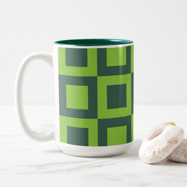 Caneca De Café Em Dois Tons Quadrados Verdes Geométrico (Com Donut)
