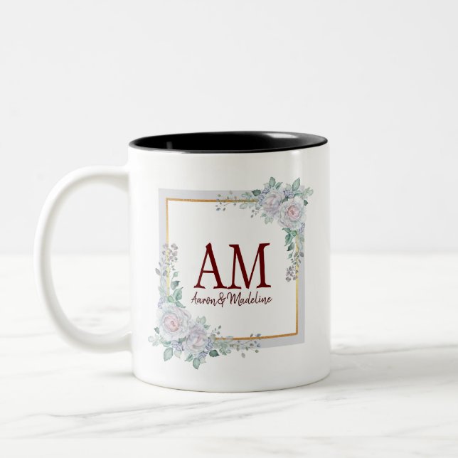 Caneca De Café Em Dois Tons Quadro de Rosa de Monograma Floral Personalizado (Esquerda)