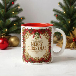 Caneca De Café Em Dois Tons Quadro Dourado Ornamentado Natal Vintage