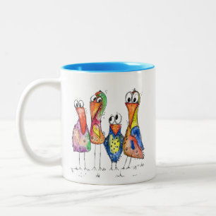 Caneca De Café Em Dois Tons Quatro Pássaros Coloridos Esbranquiçados