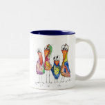 Caneca De Café Em Dois Tons Quatro Pássaros Coloridos Esbranquiçados<br><div class="desc">Esta é uma pintura mestiça original de quatro aves brancas e coloridas.</div>