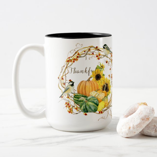Caneca De Café Em Dois Tons Queda Agradecimento Pumpkin Floral de Girassol Cam (Com Donut)