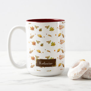 Caneca De Café Em Dois Tons Queda de Aquarela de Ação de Graças deixa monogram