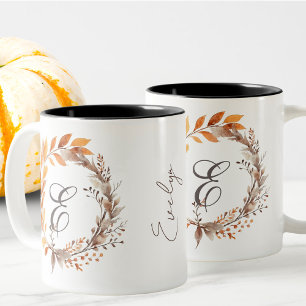 Caneca De Café Em Dois Tons Queda do Monograma de Folhagem Na moda Boho Modern