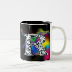 Caneca De Café Em Dois Tons "R" Diamond Bling no Rainbow Swirl Mug