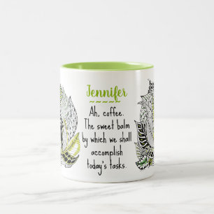 Caneca De Café Em Dois Tons Rabiscos de Folhas Verdes Abstratas Personalizados