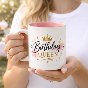 Caneca De Café Em Dois Tons Rainha de Aniversário Elegante com Coroa de Ouro