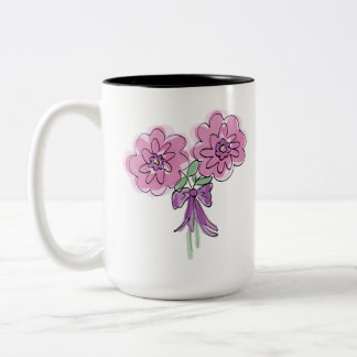 Caneca De Café Em Dois Tons Ramalhete de duas flores cor-de-rosa com laço em c