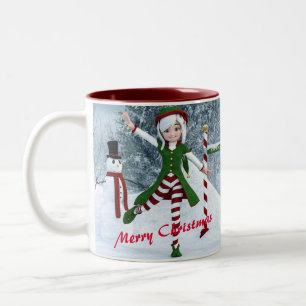 Caneca De Café Em Dois Tons Rapariga de Natal numa Floresta de inverno