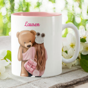 Caneca De Café Em Dois Tons Rapariga de rosa com café personalizado com urso