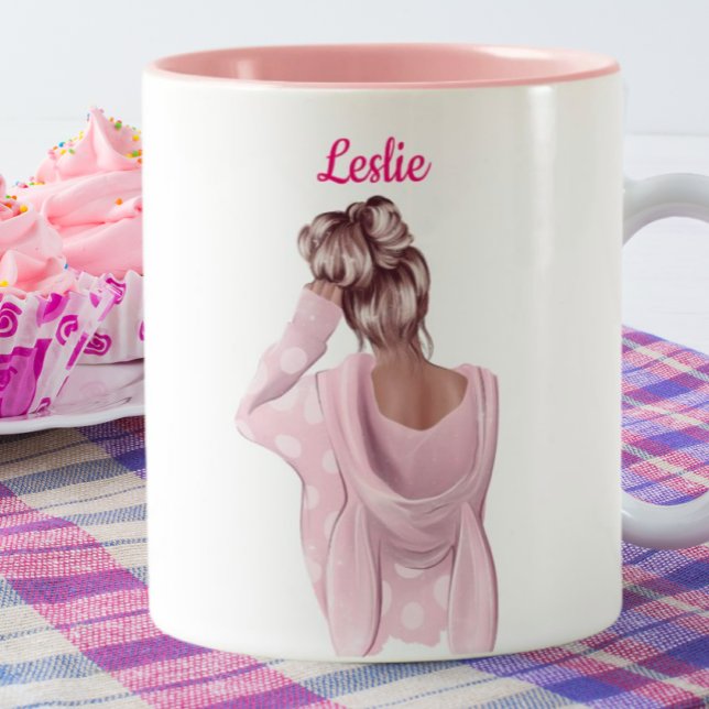 Caneca De Café Em Dois Tons Rapariga no Café Personalizado Rosa (Criador carregado)