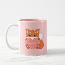 Caneca De Café Em Dois Tons Rapariga raposa fofa segurando um coração em rosa